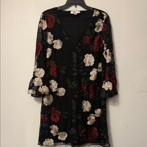 Floral Black Dress with Red and Cream Accents